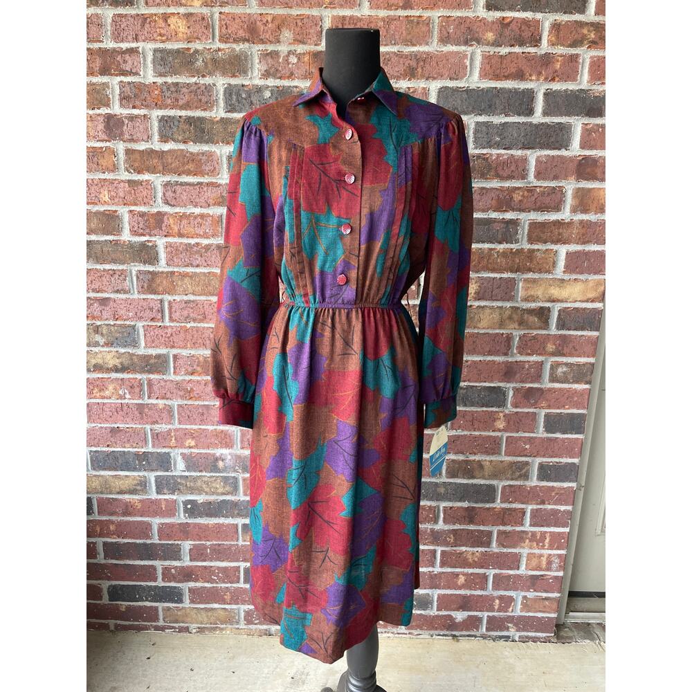 NWT Vtg 70s Leslie Faye fall Themed dress - Burgundy Teal Purple Leaves size S